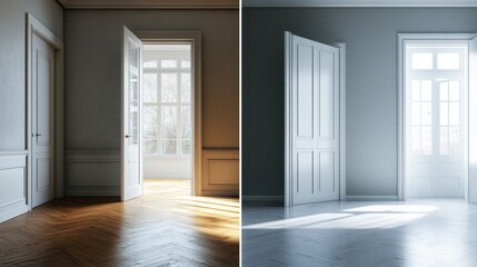 Poster - Contrast of old dark interiors and a bright modern renovated design in a room. Generative AI