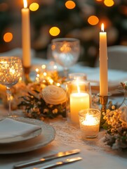 Poster - Festive dining table adorned with elegant tableware, glowing candles, and fresh flowers for a special celebration. Generative AI