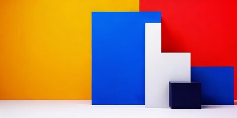 Poster - A wall with a yellow background and blue and white squares