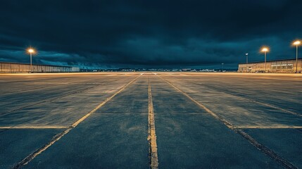 Poster - Empty parking lot at dusk, illuminated by streetlights, with dark clouds gathering in the background