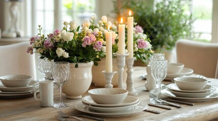 Poster - Festive dining table set for celebration with elegant tableware, glowing candles, and fresh flowers arranged beautifully. Generative AI