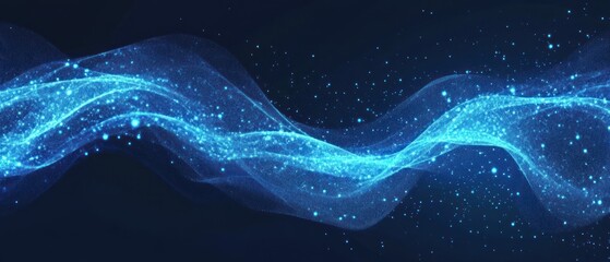 Aufkleber - Abstract blue wave with glowing particles flowing through a dark background, creating a serene digital atmosphere