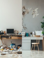 Leinwandbilder - Contrast between chaotic clutter and serene organization in dual living space. Generative AI