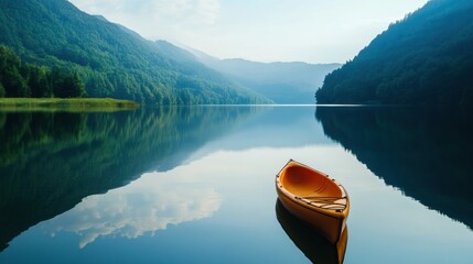 Poster - Kayak resting on the calm waters of a serene mountain lake surrounded by lush green forests and mountains in the distance. Generative AI