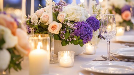 Poster - Festive dining table decorated with elegant tableware, glowing candles, and fresh flowers for a special celebration. Generative AI