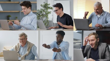 Poster - A diverse group of individuals expresses various emotions while using laptops in a bright, modern workspace
