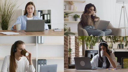 Poster - Four women are focused on their laptops in different cozy locations, sipping coffee and working