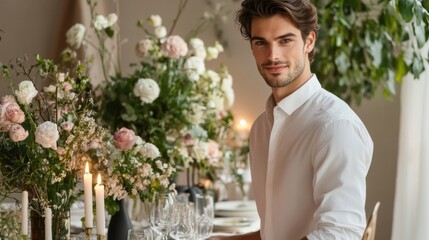 Aufkleber - Elegant festive dining table set with glowing candles and fresh flowers for a special occasion in a beautiful setting. Generative AI