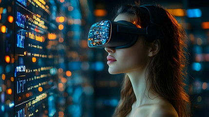 Poster - young woman immersed in virtual reality, exploring digital landscapes with vibrant data