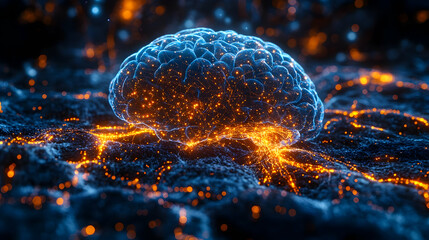 Fototapete - Glowing brain model with neural connections on a dark, textured background