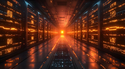 Poster - Futuristic data center corridor illuminated by orange lights and glowing servers