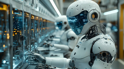 Poster - futuristic robots working in a high-tech manufacturing facility, showcasing innovation