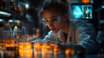 Poster - Young female scientist focused on experiments in a dimly lit laboratory setting