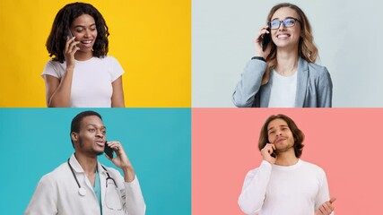 Poster - Four individuals from different backgrounds have engaged in phone conversations. They display varied expressions and attire against colorful backgrounds, highlighting their unique roles and emotions.
