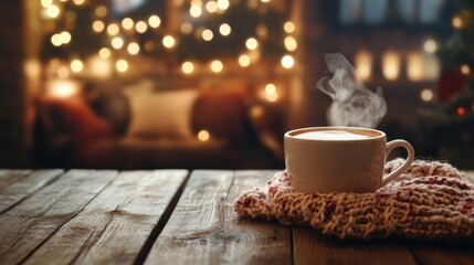 Poster - Cozy coffee cup with steam on rustic wooden table surrounded by warm ambient lights. Generative AI