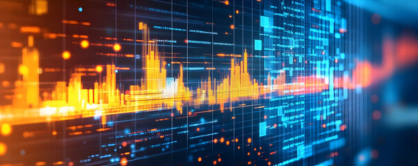 Poster - Abstract digital data visualization with vibrant waveforms and grids