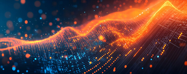 Poster - Vibrant abstract digital wave pattern with glowing particles and lights
