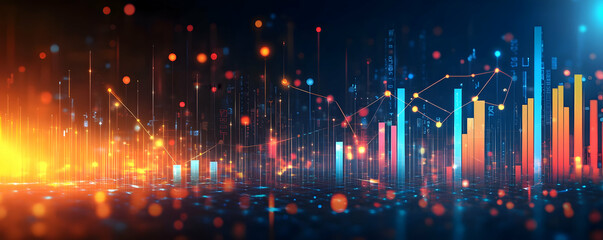 Poster - Vibrant data visualization with glowing bars and abstract patterns in background