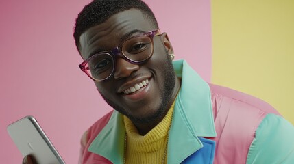 Wall Mural - isolated photo showing shop worker holding mobile ipad, though their pastel uniforms do not indicate any company affiliation. white solid background 