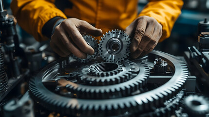 Poster - Skilled technician assembling intricate gears in a workshop setting