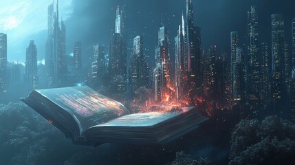 Poster - Fantasy book opens a portal to a futuristic city skyline with glowing lights at night
