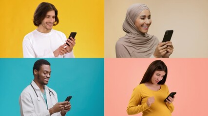 Poster - Four individuals from different backgrounds interact with their smartphones. They are expressions of curiosity, joy, and surprise, set against vibrant, contrasting colors.