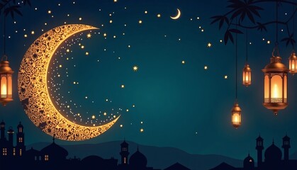Wall Mural - Ramadan and Eid Al Fitr banner,card,poster, Ramadan design with a radiant crescent moon, intricate mosaic patterns