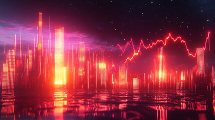 Poster - Neon Cityscape Stock Market Graph Digital Art Red Background Data Trend Urban Night Growth Modern   