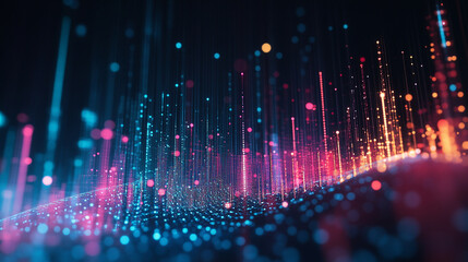 Poster - Abstract Digital Data Stream Colorful Lines Technology Background Red Glow Neon Pink Blue Flow Light
