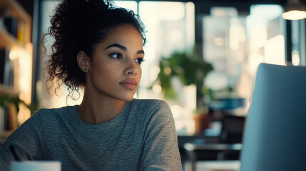 Poster - Thoughtful Young Woman Working on Laptop Modern Office gray hair desk curly focus light style female