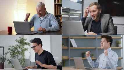 Poster - Four people are focused on their laptops in distinct settings, showcasing the diverse environments where individuals can successfully work remotely. Each person displays concentration on their tasks.