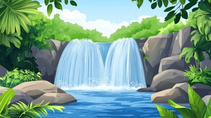 Aufkleber - Majestic waterfall cascading into a serene pool surrounded by lush greenery on a bright sunny day. Generative AI