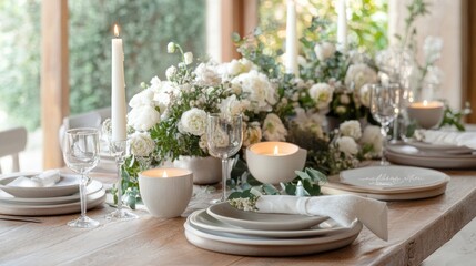 Poster - Festive dining table setting with elegant tableware, floral arrangements, and glowing candles for a special occasion. Generative AI