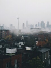 Poster - Dense smog blankets city skyline as industrial chimneys emit thick smoke during early morning hours. Generative AI