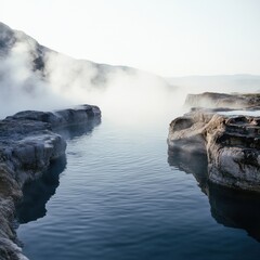 Poster - Serene hot spring surrounded by rocky edges and steam rising in a tranquil landscape at dawn. Generative AI