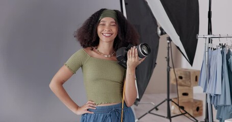 Poster - Photographer, camera and face for media, magazine cover and photography in creative studio. Camera woman, smile and female person backstage for shooting, production and fashion director with lens