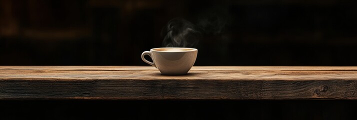 Aufkleber - Warm coffee cup with rising steam on rustic wooden table, perfect for cozy mornings and quiet moments of reflection. Generative AI