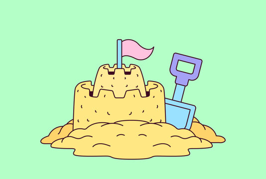 Sandcastle and shovel cartoon hand drawn