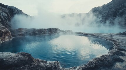 Poster - Serene hot spring surrounded by rocky edges and steam rising at dawn in a tranquil natural setting. Generative AI