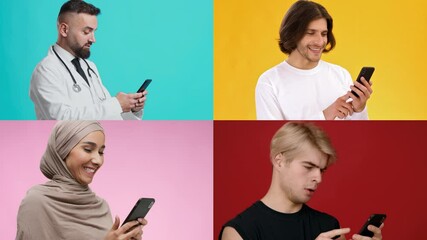 Poster - Four people of different backgrounds are using their smartphones, each in a separate quadrant with bright colored backdrops. Their expressions suggest curiosity and engagement with their devices.