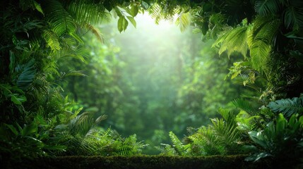 Lush jungle foliage frame, sunlight, background; nature website banner