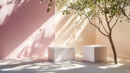 Poster - Abstract minimal nature scene featuring empty stage with pastel colors and shadows cast by tree branches creating a serene atmosphere