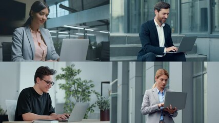 Poster - Four individuals are focused on their laptops in different work environments, showcasing the flexibility and diversity of remote working styles during the day.