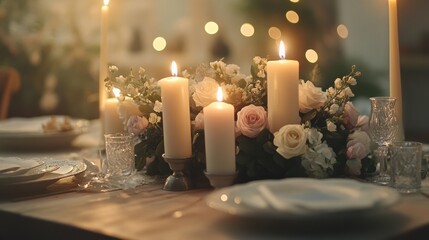 Poster - Elegant festive dining table with soft candlelight and fresh flowers for a joyful celebration. Generative AI