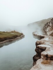 Poster - Serene hot spring at dawn with steam rising above rocky edges in a tranquil natural setting. Generative AI