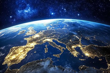 europe at night, seen from space, showing city lights and the planet's curvature against a starry ba