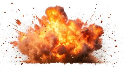Poster - Dramatic Explosion with Fiery Orange Flames and Smoke Against Clean White Background Captured in High Resolution for Impactful Visuals
