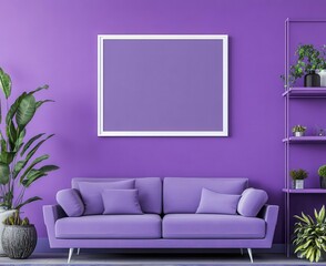 Poster - A blank white picture frame hanging on the wall of an elegant purple living room with a sofa, shelf, and plants Copy space