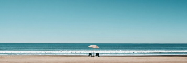 Aufkleber - Minimalistic beach setting with lounge chairs and umbrella under a clear blue sky. Generative AI