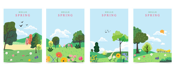 Wall Mural - spring landscape background with mountain and tree for a4 vertical design